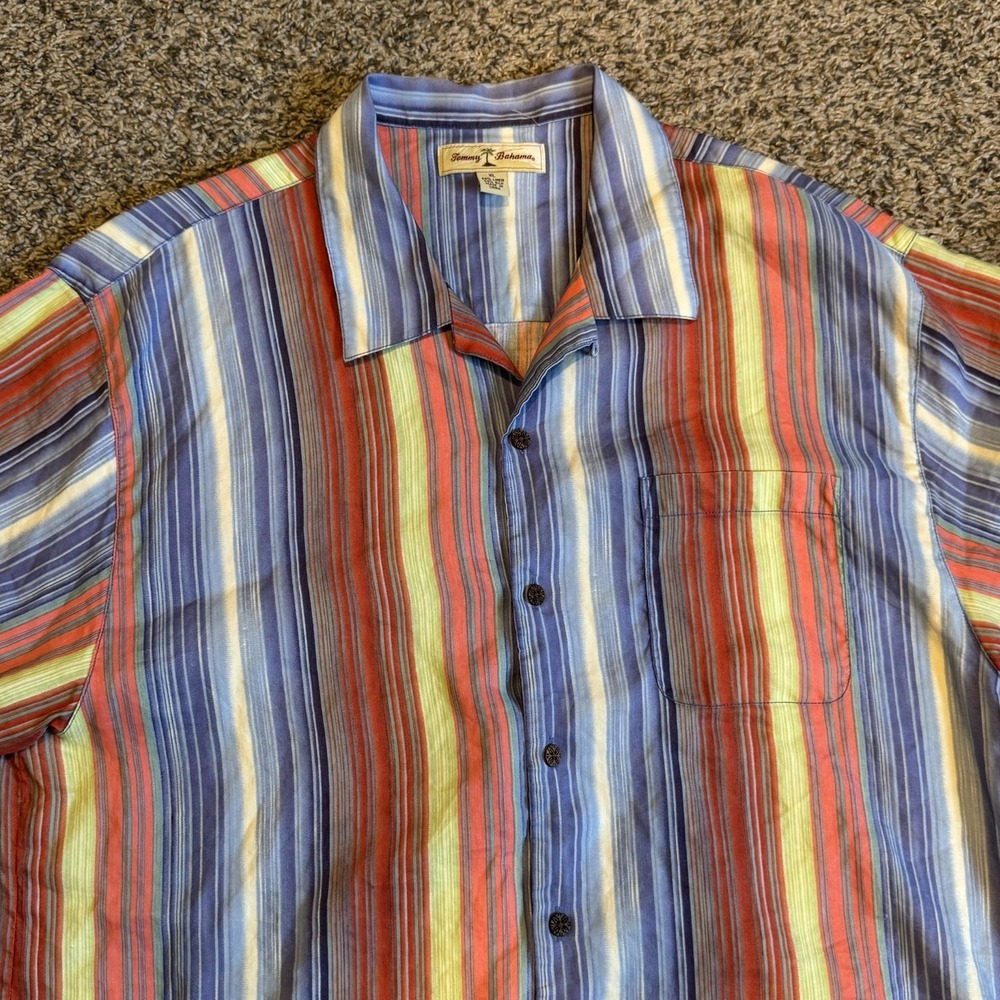 MENS TOMMY BAHAMA SILK/LINEN STRIPED BUTTON UP CAMP SHIRT SIZE XL Palm Trees - Picture 2 of 6